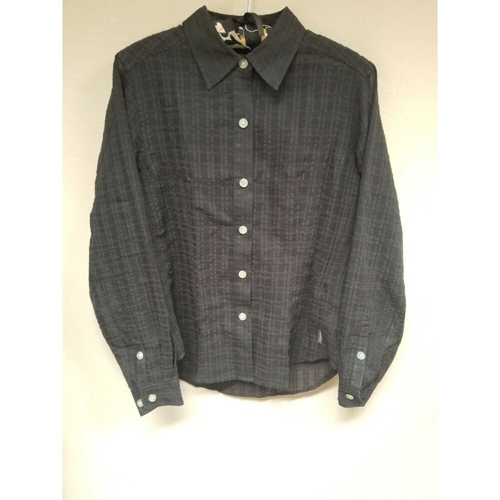 ExOfficio Womens Button Down Plaid Shirt Top Medium Black Roll-Tab Sleeve Casual